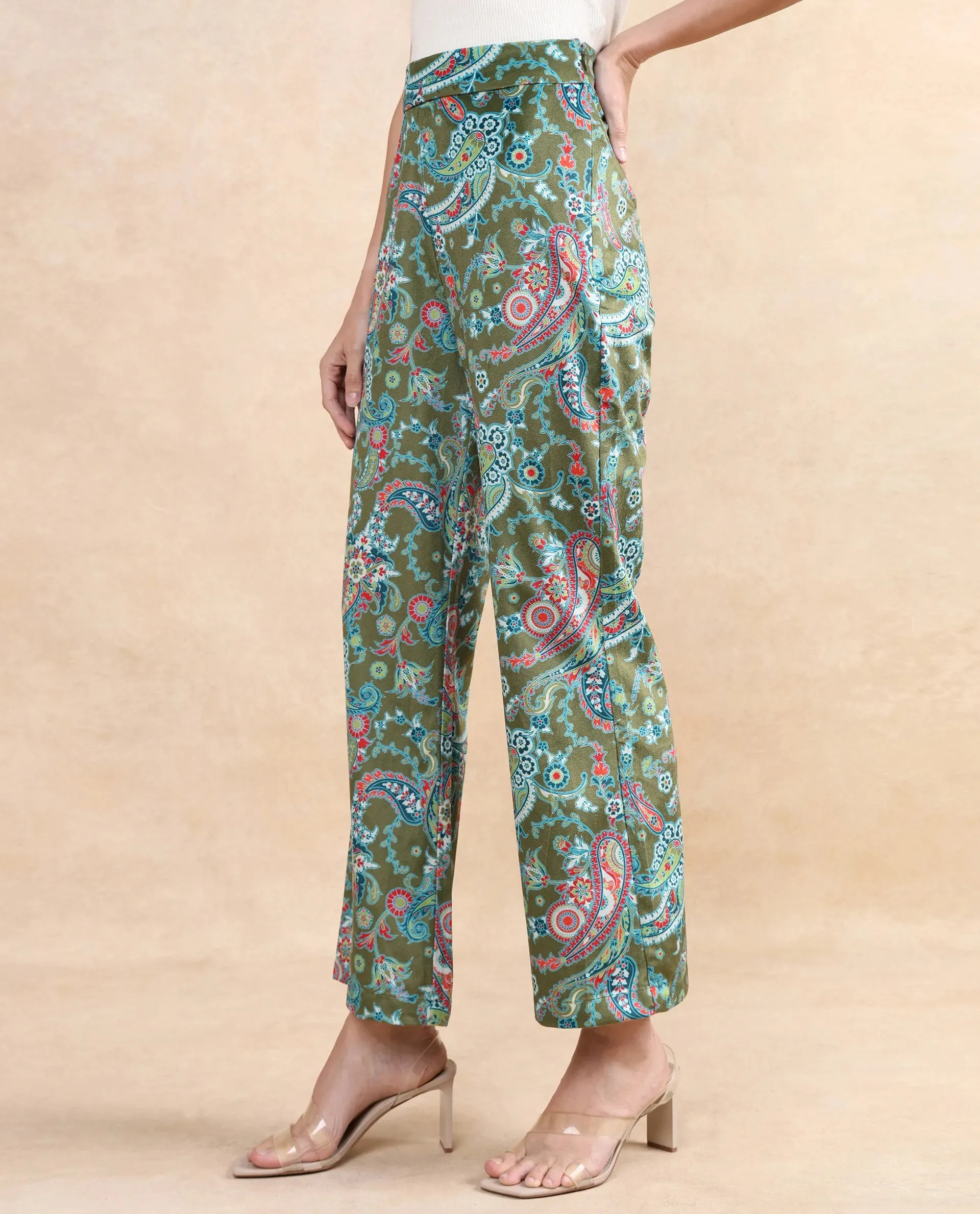 Rareism Women Camder-B Multi Velvet Zipper Closure Bootcut Ankle Length Paisley Print Trouser